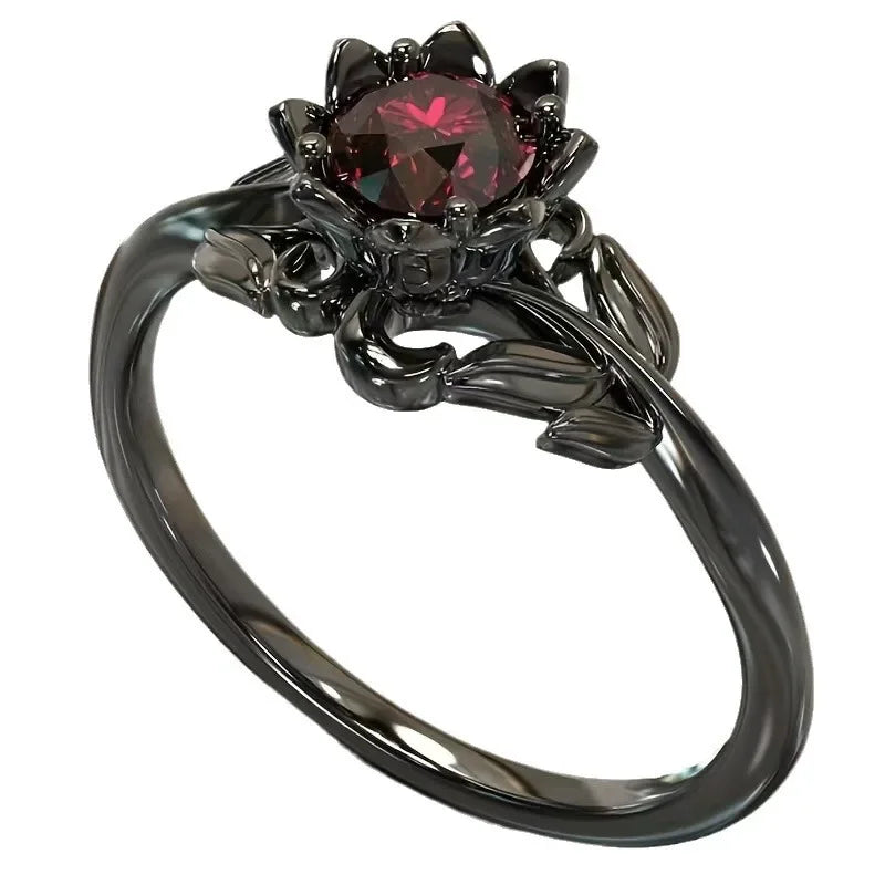 LATS Black Color Flower Red Stone Rings for Women Charm Jewelry Accessories Rose Ring Party Gift - Clikcy