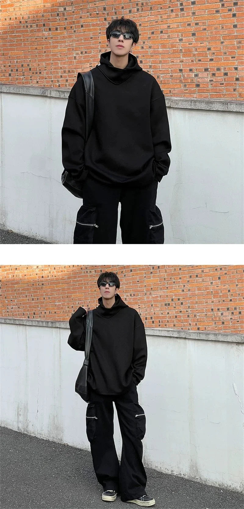 Autumn Y2K Vintage Turtleneck Design Hooded Sweatshirts Men's Solid Color Pullover Hoodies New High Street Fashion Tracksuit - Clikcy