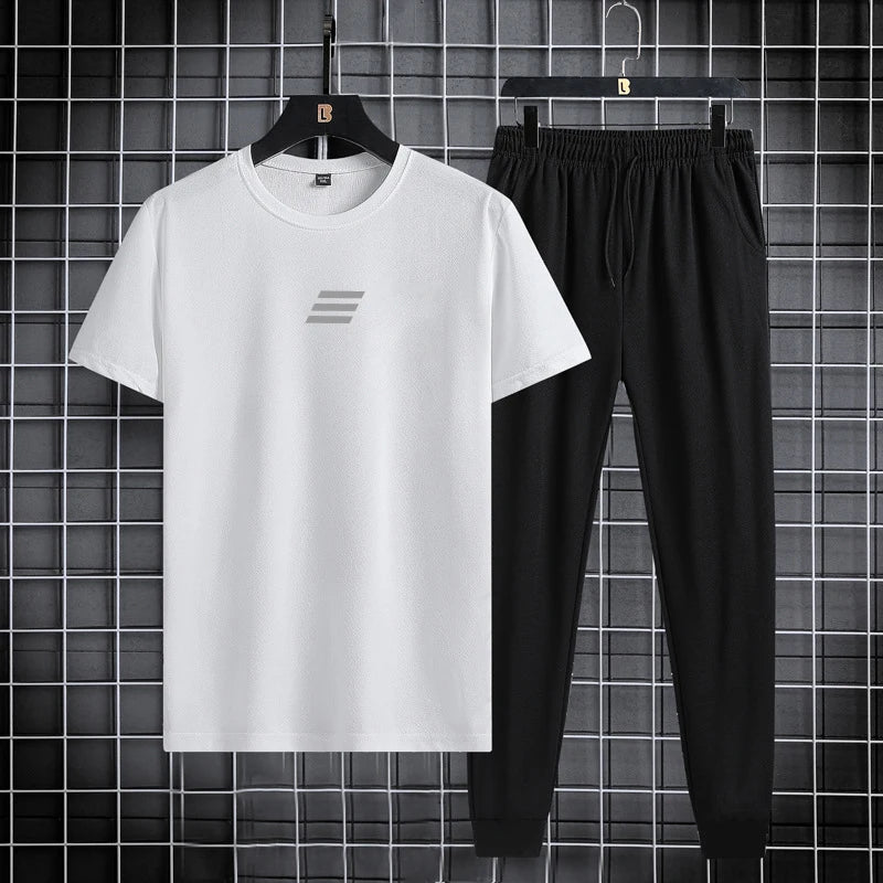 Spring/Summer Set Two Piece Slim Fit Short Sleeve Long Pants Set Casual Fashion Minimalist Sports Set - Clikcy