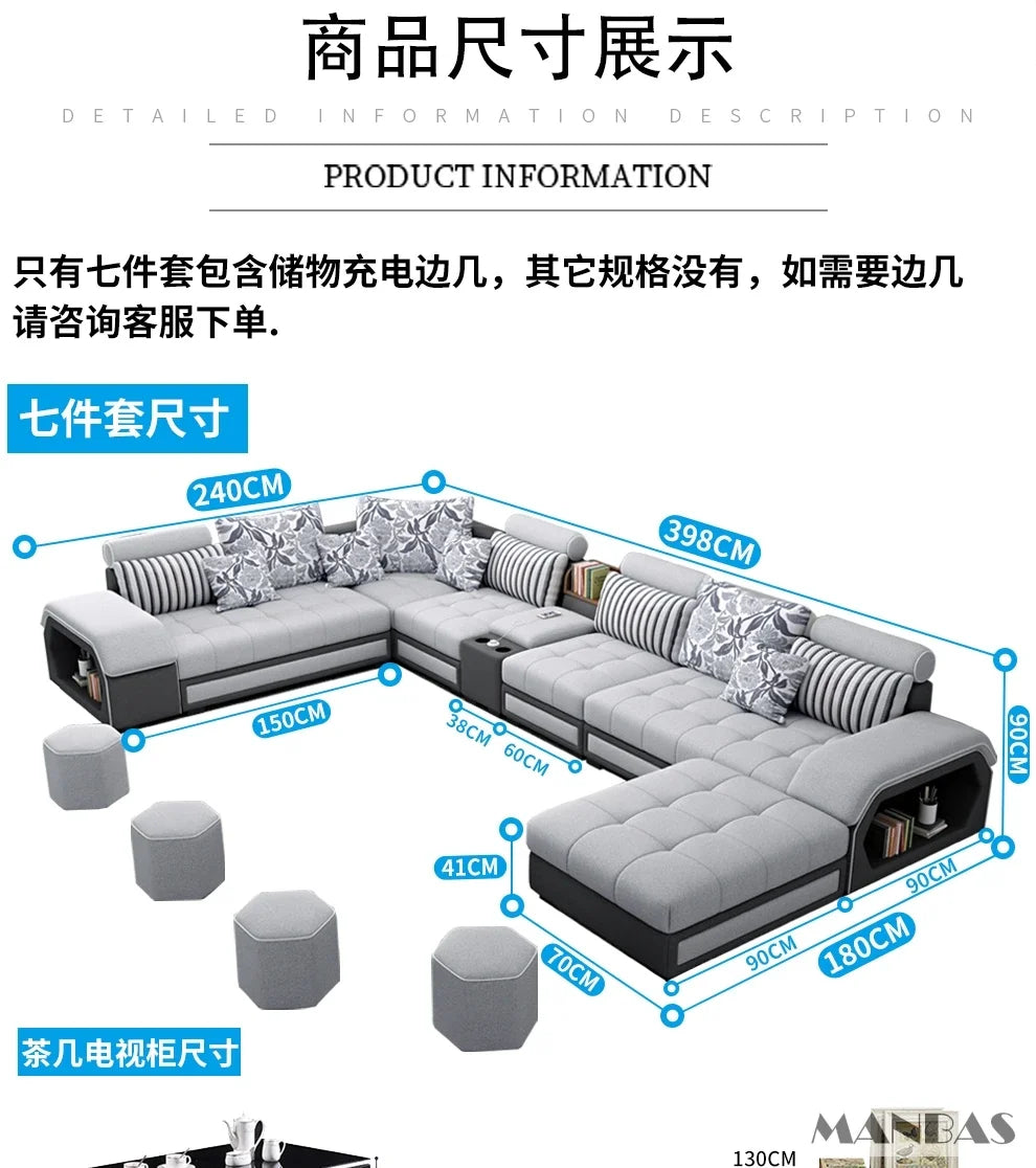Linlamim Fabric Sofa Set Furniture Living Room Sofa Set with USB and Stools / Big U Shape Cloth Couch Sofas for Home Furniture