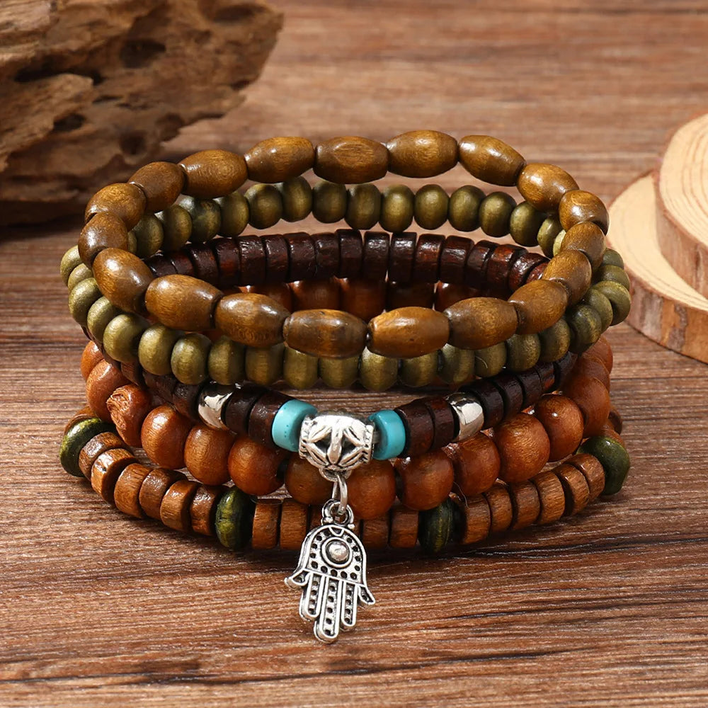 Ethnic 4-5pc/set wood bead tree Cactus Charms bracelets Hamsa Hand Butterfly Bohemia Men Bracelets For Women Female Jewelry - Clikcy