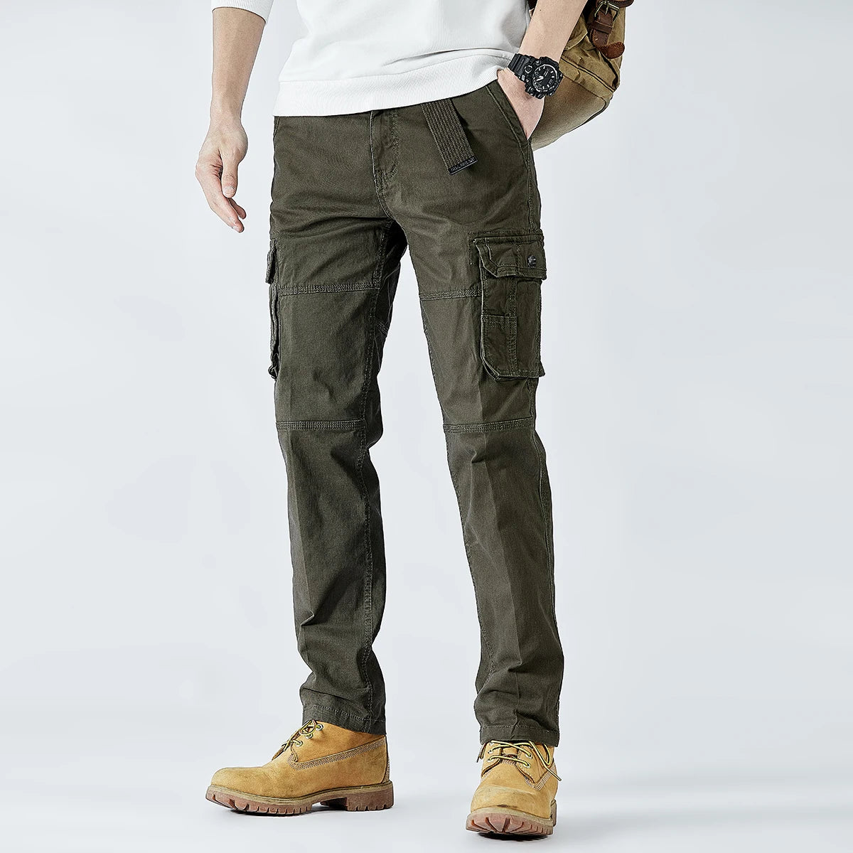 2025 Men's Cargo Pants Straight Leg Cotton Stretch Tactical Trouser Male Military Outdoor Camping Fishing Casual Work Wear Khaki - Clikcy