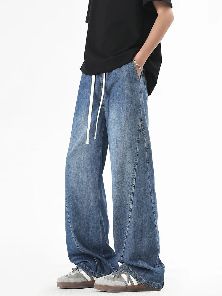 Summer Men's Lightweight Jeans Korean Fashion Breathable Cotton Drawstring Wide-Leg Baggy Denim Pants Straight Jean Trousers - Clikcy