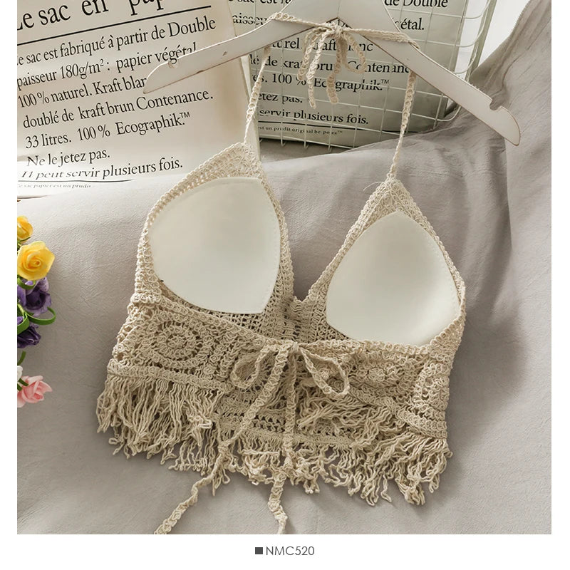 2025 Crop Tops Retro Wild Hollow Perspective Tassel Sexy Spaghetti Strap Tanke Top Women Built In Bra New Back Lace Halter Neck - Clikcy