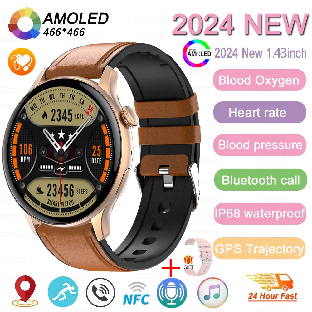 2024 New GPS Smart Watch Women True AMOLED 466*466 HD Screen Health Tracker Sports NFC Voice Bluetooth Call Smartwatches Ladies