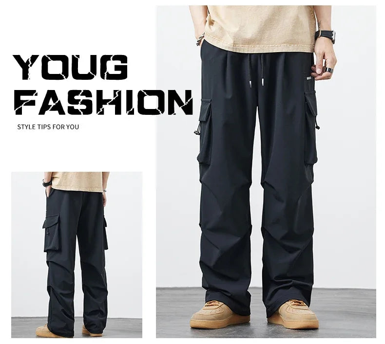 New Plus Size 8XL Men Casual Straight Pants Trousers Ice Silk Fashion Hip Hop Sweatpants Outdoor Stand Pocket Cargo Pants Y2K - Clikcy