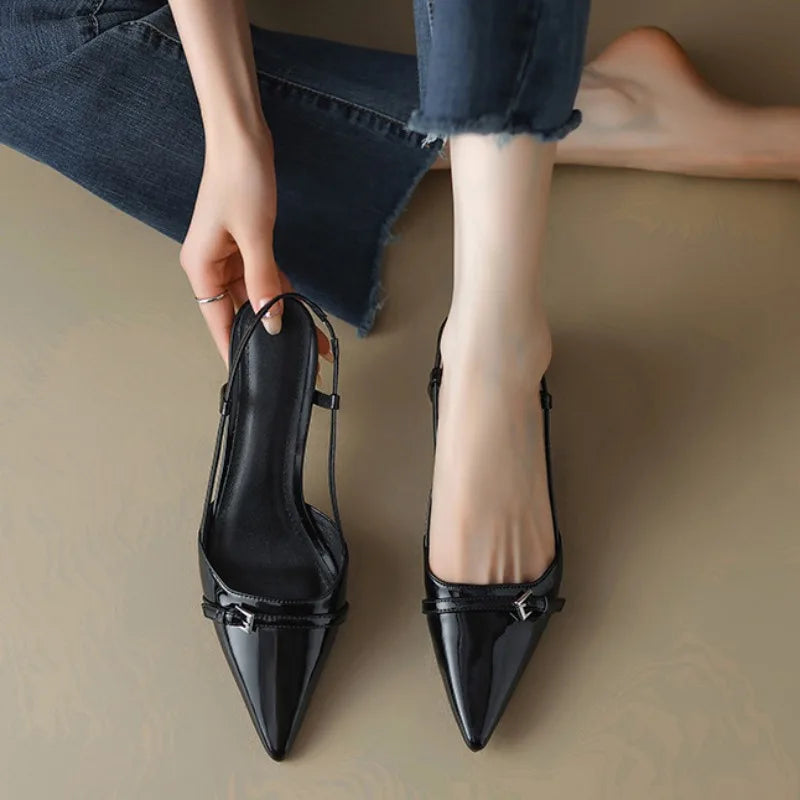 2024 New Summer Women's Dress Shoes Patent Leather Slip on Pointed Toe Sandals Buckle Slingbacks Mid Heels Pumps Sandalias Mujer - Clikcy