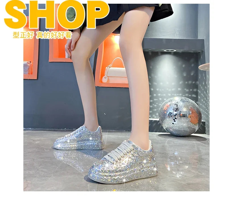 2025 Autumn Leather Women Shoes New Style Fashion Platform Shoes Ins Platforms Sneakers Tide Shine Bling Rhinestone Shoes - Clikcy
