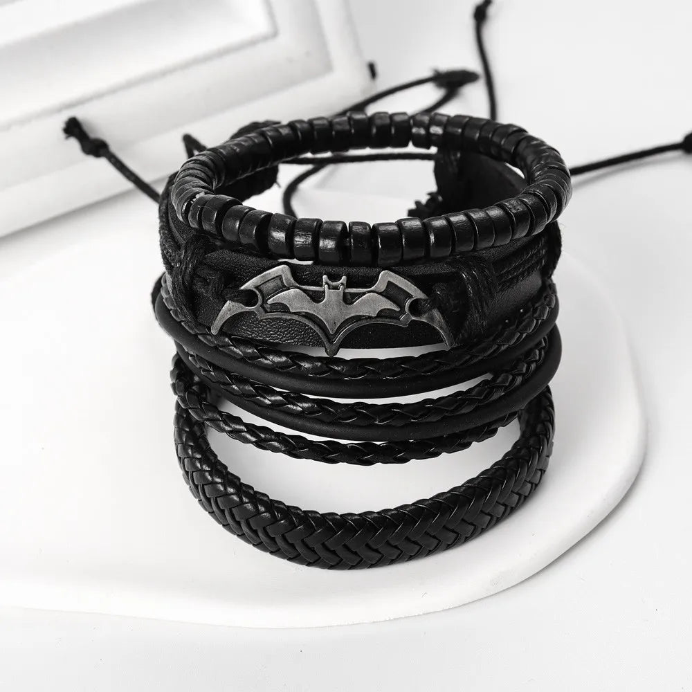 4Pcs/set Leather Beaded Black Bat Bracelet Charming Men's Bracelet New Fashion Hip Hop Punk Accessories Jewelry Gift Wholesale - Clikcy