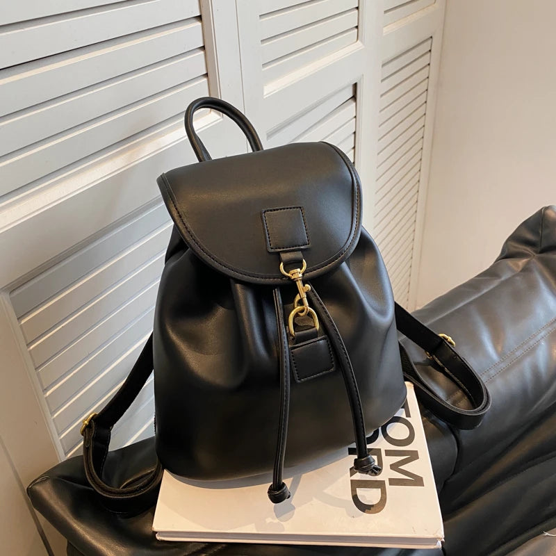 Genuine PU Leather Backpack Female Large Capacity Casual School Bag Solid Drawstring Travel Shoulder Bag Korean Fashion Backpack - Clikcy