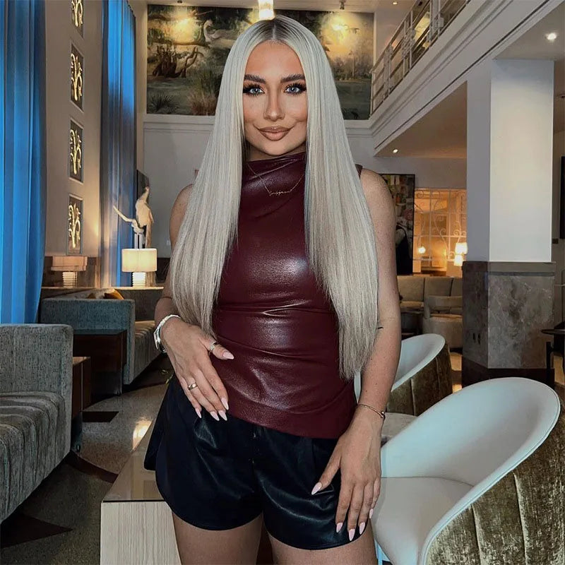 Women Y2K Vintage Pu Simple Basic Tank Top High Waist Skinny Shrunk Slash Cut Sleeveless Tops Versatile Noble Shirts - Clikcy