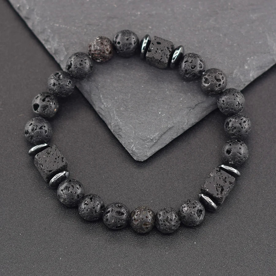 New Fashion Natural Stone Bracelet Men 8mm Onyx Lava Obsidian Strand Braclet Healing Beaded Bracelet Leisure Pulsera Accessories - Clikcy