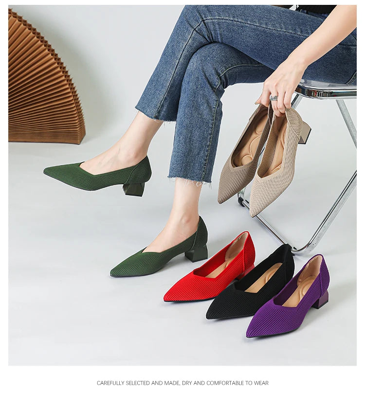 Women's large high-heeled shoes Multicolor pointy knit breathable comfortable anti-skid rubber sole work shoes 2023 new autumn - Clikcy