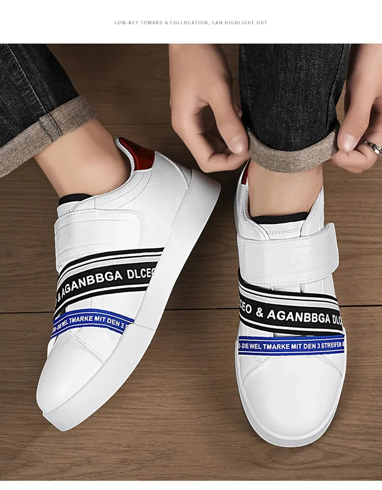Original Design Leather Sneakers Men Trendy HOOK&LOOP Non-slip Men's Skateboard Shoes Fashion White Casual Sports Shoes For Men - Clikcy