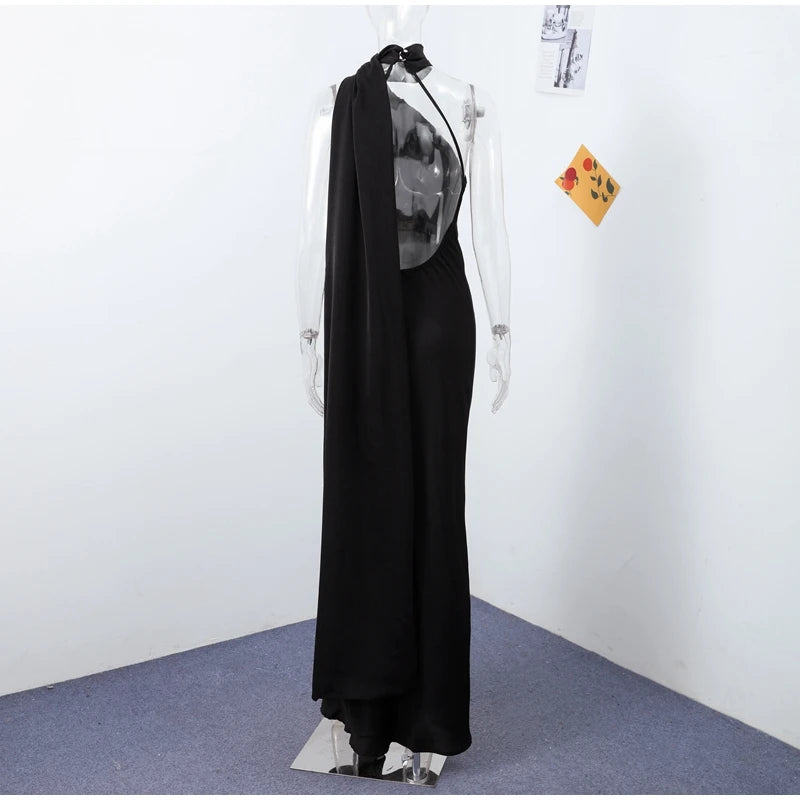 Sexy Satin Ribbon Party Dress Women Elegant Halter Backless Off Shoulder Sleeveless Female Dresses 2024 Summer Solid Robe Gown - Clikcy