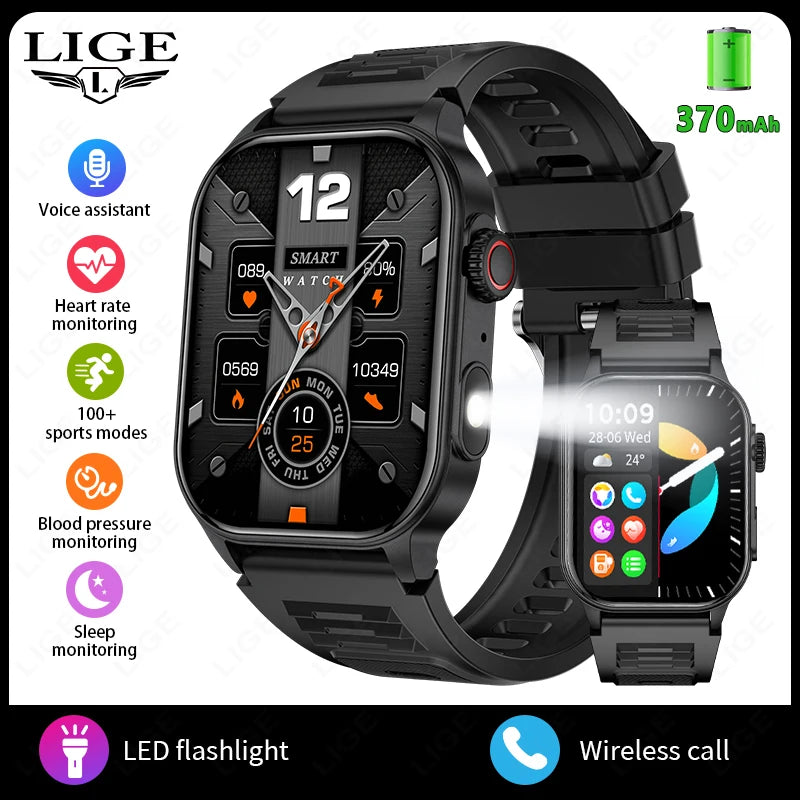 LIGE Smart Watch for Men 3ATM Waterproof Bluetooth Call Health Monitor With Flashlight 370mahBattery 100+Sport Mode Smartwatches - Clikcy