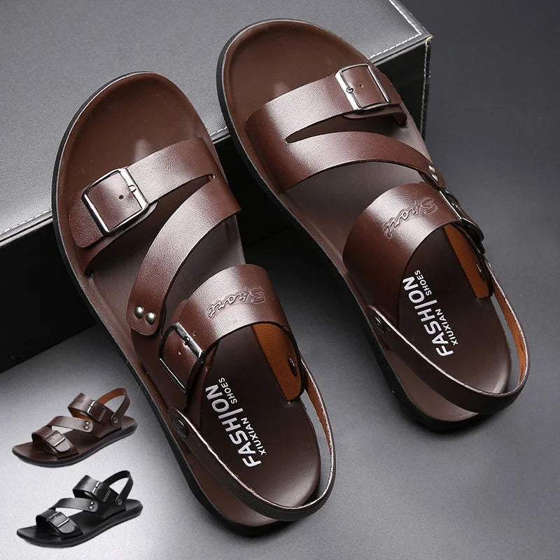 Simple Men's Sandals Solid Color PU Leather Men's Summer Shoes Casual Comfortable Open Toe Sandals Soft Beach Shoes Men's Sandal - Clikcy