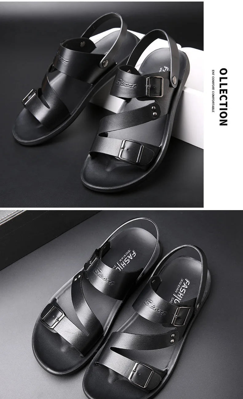 Simple Men's Sandals Solid Color PU Leather Men's Summer Shoes Casual Comfortable Open Toe Sandals Soft Beach Shoes Men's Sandal - Clikcy