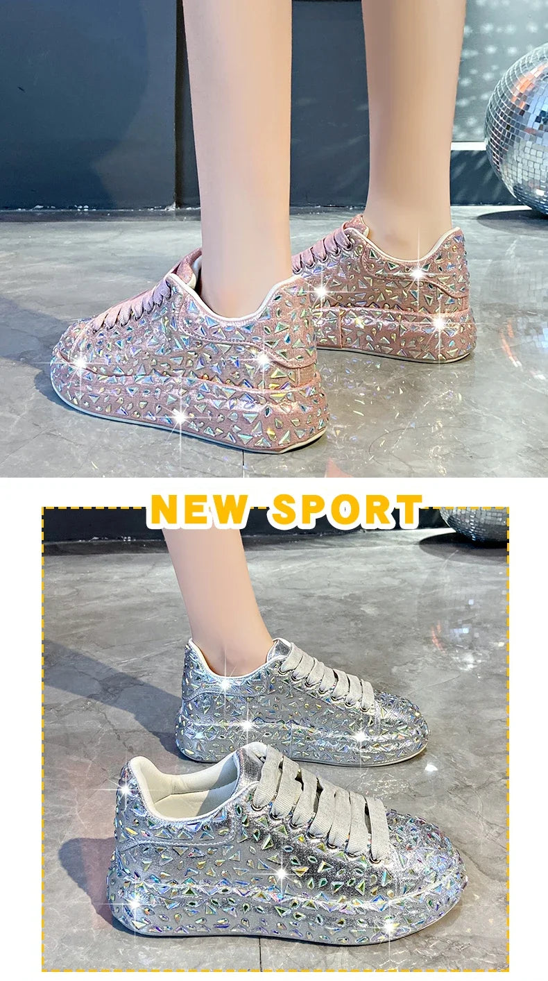 2025 Autumn Leather Women Shoes New Style Fashion Platform Shoes Ins Platforms Sneakers Tide Shine Bling Rhinestone Shoes - Clikcy