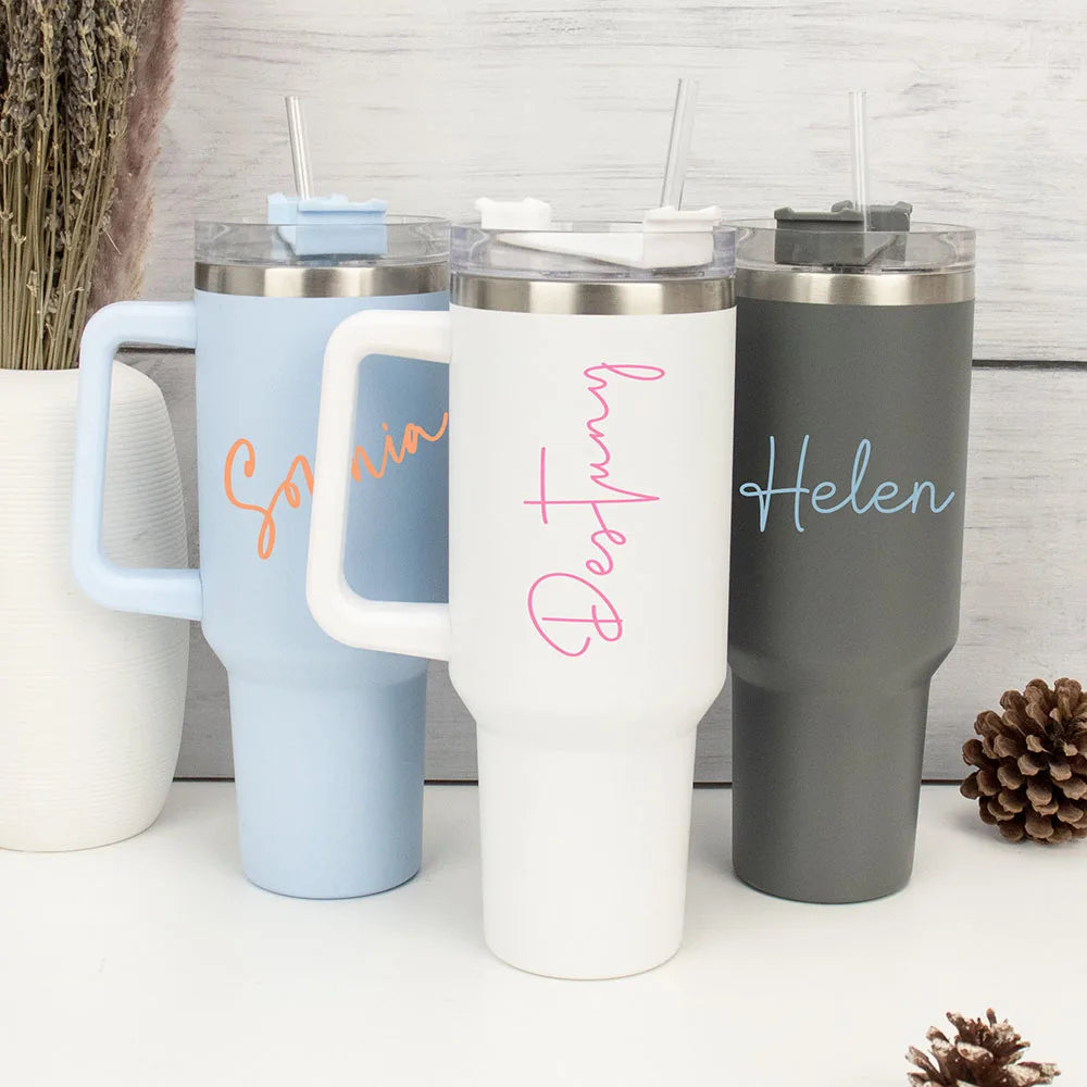 40oz Large Personalized Name Stanley Style Double Wall Insulated Cup Travel Bottle Rubber Hot Cold Mug With Straw - Clikcy