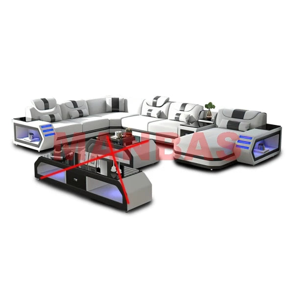 MANBAS Italian Genuine Leather Sectional Sofa with LED Lights | Futuristic Furniture U Shape Couch Living Room Big Sofas Set