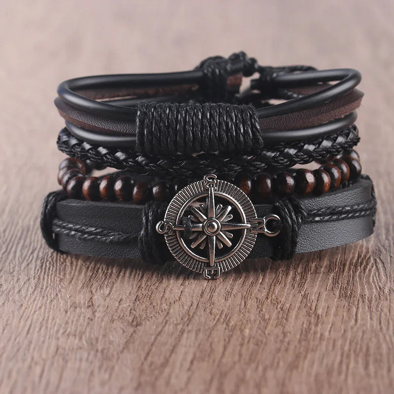 Vintage Leather Hand-knitted Couple Bracelet Set for Men Women Personality Design World Tree Bangle Jewelry Accessories Gift