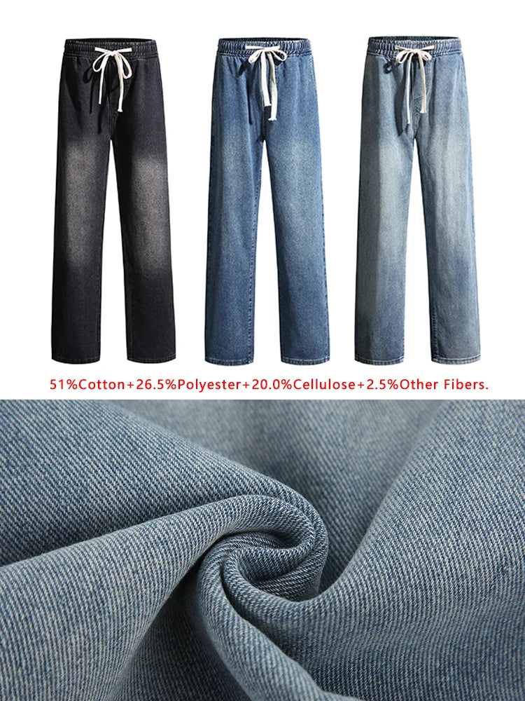 Men's Spring Summer Semi-Wide Leg Jeans Korean Fashion Washed Cotton Casual Denim Pants Black Blue Straight Trousers - Clikcy