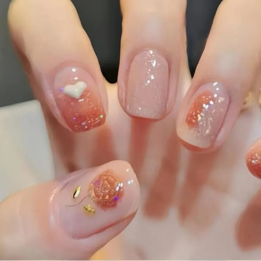 24pcs/set Medium Long fake nails for Spring summer beautiful flowers mushroom bees cute almond square tips press on false nails - Clikcy