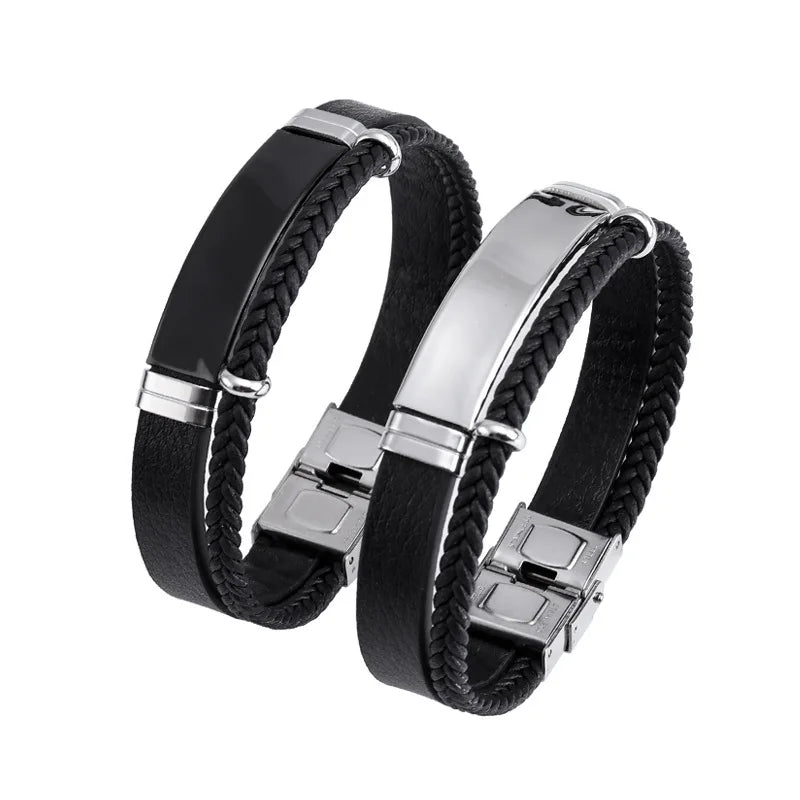 Homme Stainless Steel Bracelet Double Layer Twist Braid Leather Rope Bracelets For Men Hiphop Rock Fashion Jewelry Accessories - Clikcy