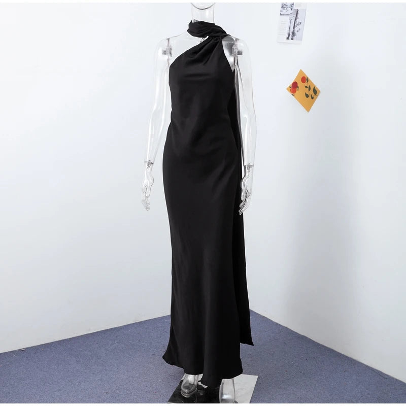 Sexy Satin Ribbon Party Dress Women Elegant Halter Backless Off Shoulder Sleeveless Female Dresses 2024 Summer Solid Robe Gown - Clikcy