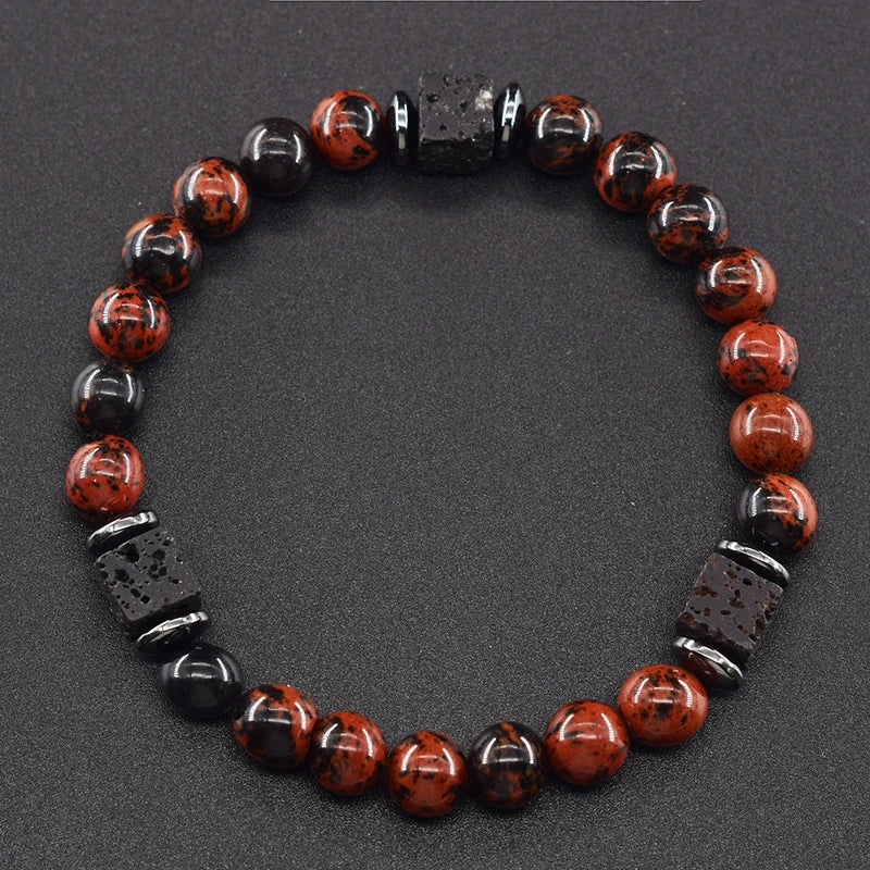 New Fashion Natural Stone Bracelet Men 8mm Onyx Lava Obsidian Strand Braclet Healing Beaded Bracelet Leisure Pulsera Accessories - Clikcy