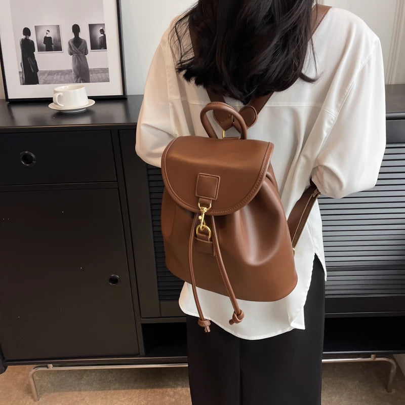 Genuine PU Leather Backpack Female Large Capacity Casual School Bag Solid Drawstring Travel Shoulder Bag Korean Fashion Backpack - Clikcy