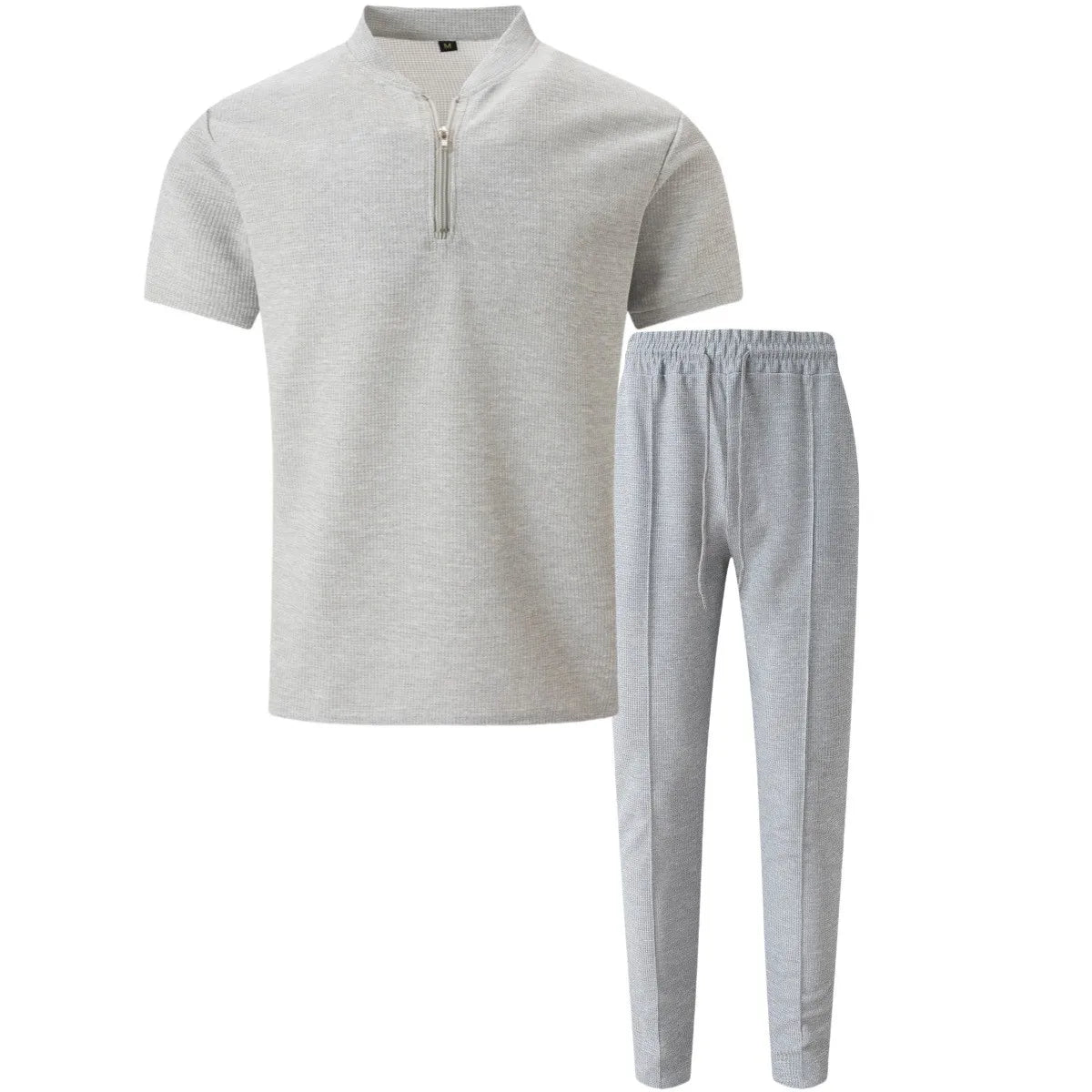 2025 Men's new waffle collar small zipper solid color polo shirt top men's T-shirt short sleeve trousers two sets - Clikcy