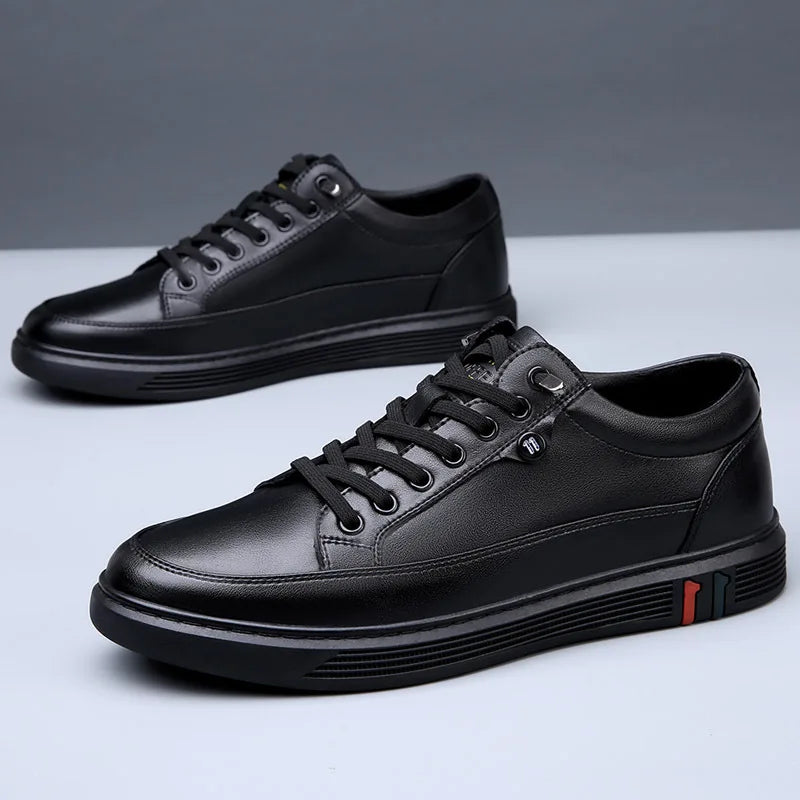 Spring Autumn Genuine Leather Shoes Men Footwear Soft Cowhide Casual Flat Brand Pure Black - Clikcy