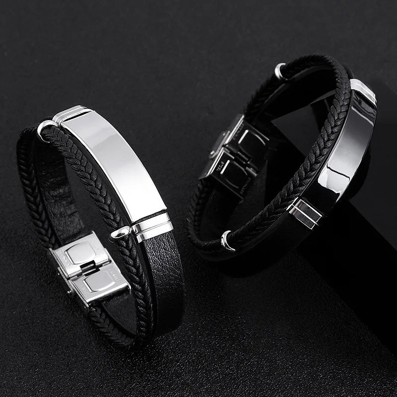 Homme Stainless Steel Bracelet Double Layer Twist Braid Leather Rope Bracelets For Men Hiphop Rock Fashion Jewelry Accessories - Clikcy