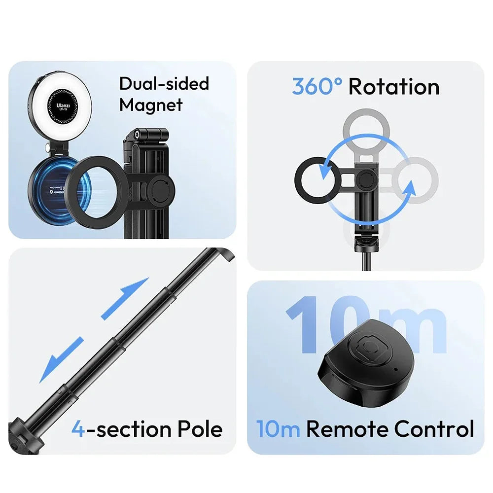 4-in-1 Multi-function Selfie Stick with Wireless Remote Control | Magnetic, Cell Phone Clip Dual Combination, 360° Rotation - Clikcy