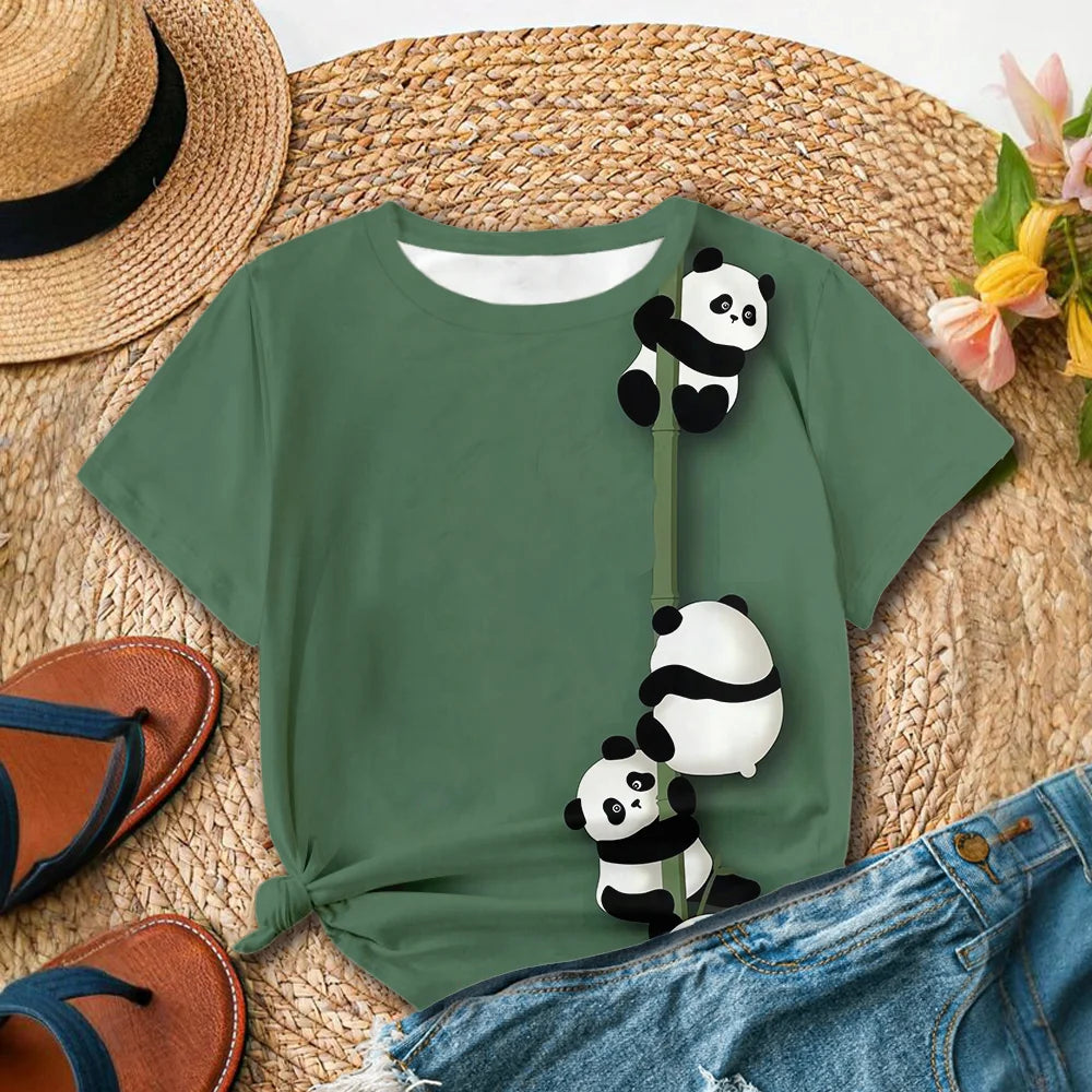 Fresh and cute style green base panda print daily casual fashion summer women's short sleeved T-shirt - Clikcy