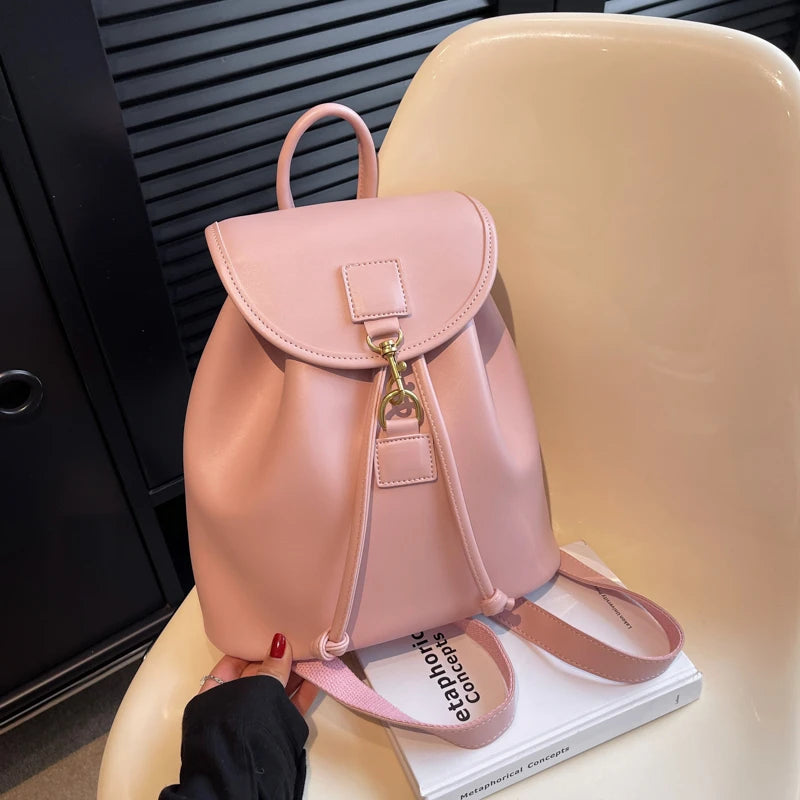 Genuine PU Leather Backpack Female Large Capacity Casual School Bag Solid Drawstring Travel Shoulder Bag Korean Fashion Backpack - Clikcy