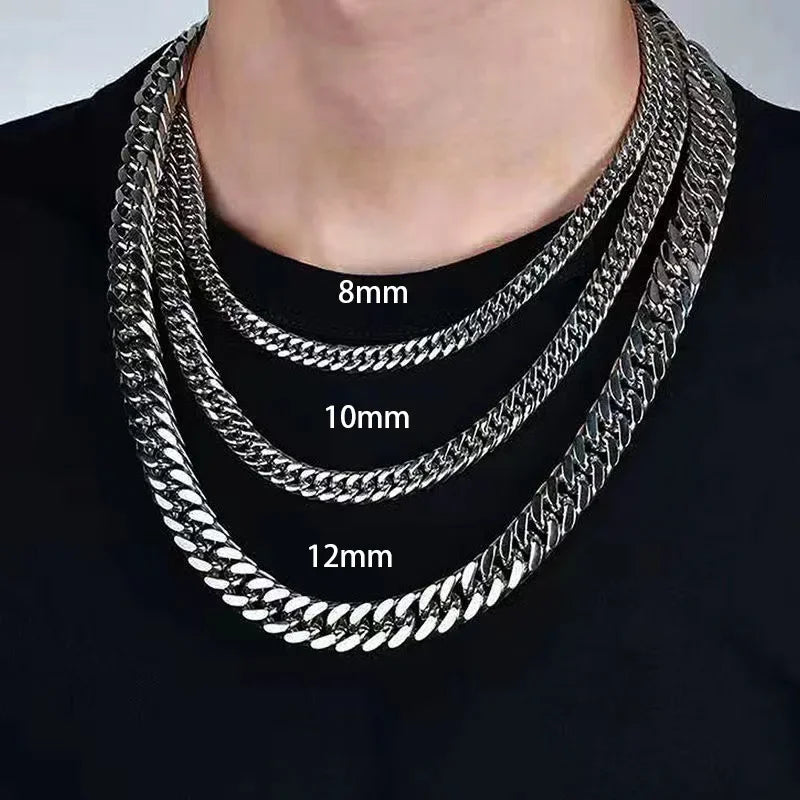 HNSP Stainless Steel Cuban Chain Necklace Bracelet For Men Neck Silver Color 8MM-14MM Thick Long Hand Chains Male Gift - Clikcy