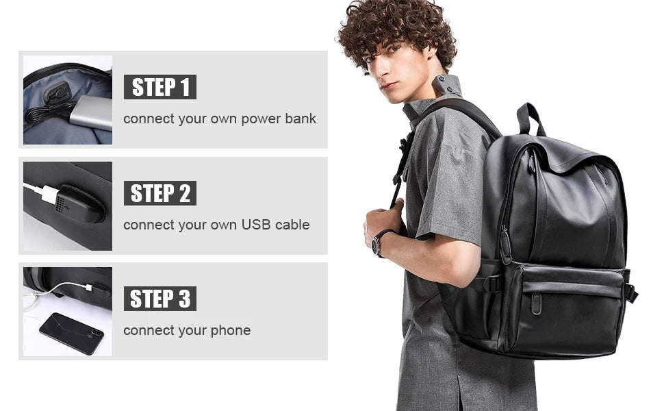 Leather Backpack for Men, 14 inch Laptop Backpack, Travel Daypack with USB Port, Water Resistant Leather Business Daypack - Clikcy