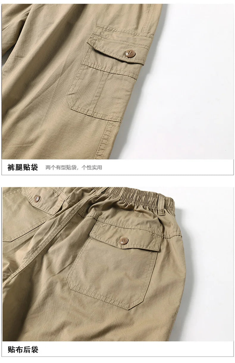 100% Cotton Men's Cargo Pants Straight Fit Loose Work Trouser Male Spring Summer High Waist Big Size Large Plus Elastic Pocket - Clikcy