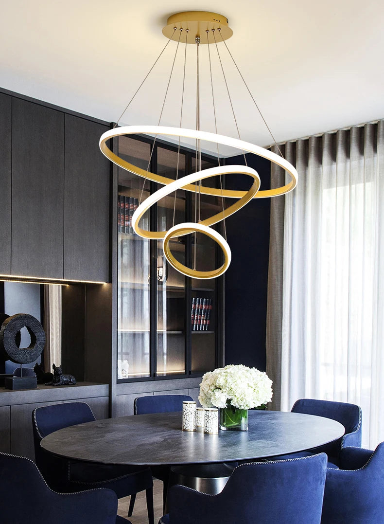 Modern Pendant Lamp Led Rings Circle Ceiling Hanging Chandelier Black Loft Living Dining Room Kitchen Indoor Lighting Fixture - Clikcy