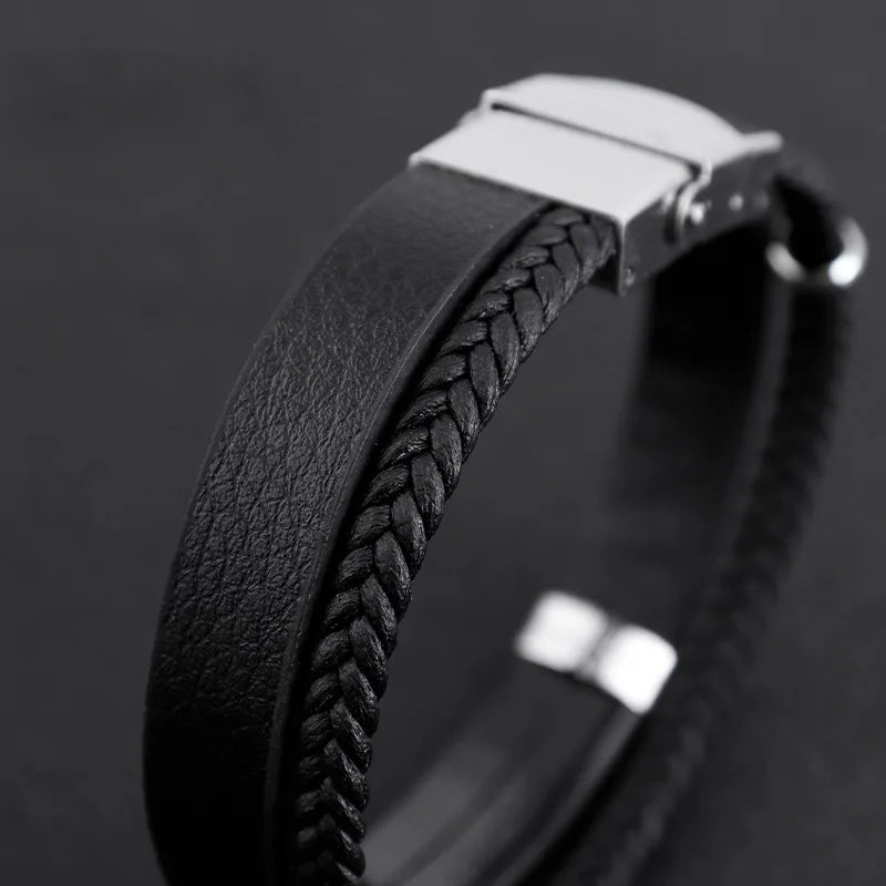 Homme Stainless Steel Bracelet Double Layer Twist Braid Leather Rope Bracelets For Men Hiphop Rock Fashion Jewelry Accessories - Clikcy