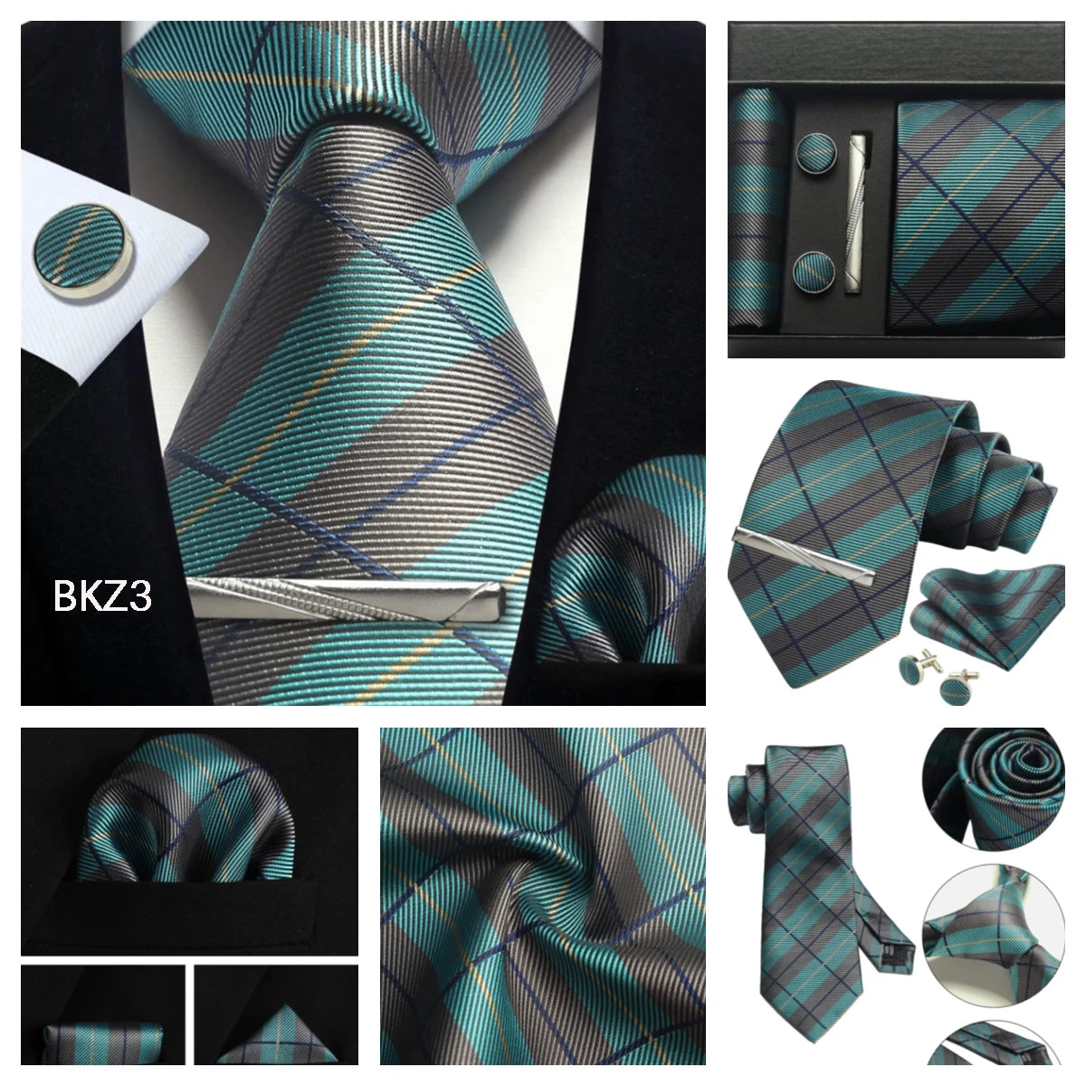 Classic 100% Silk Men's Ties In Gift box 8cm Plaid Dot Striped Business Necktie Handkerchief Cufflinks Wedding Party Tie Set - Clikcy