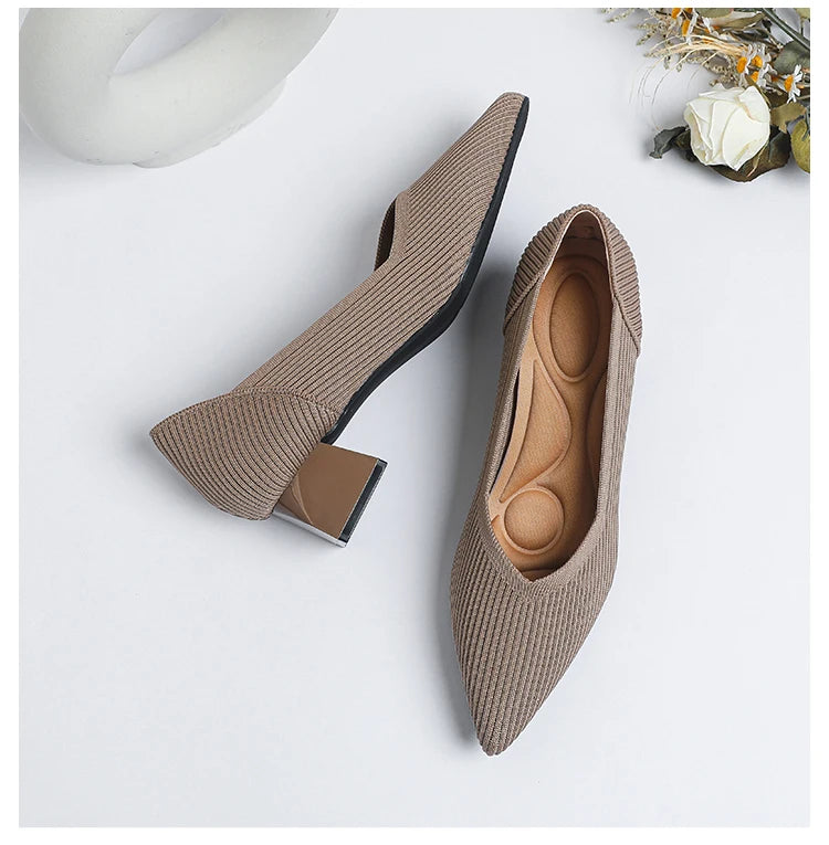 Women's large high-heeled shoes Multicolor pointy knit breathable comfortable anti-skid rubber sole work shoes 2023 new autumn