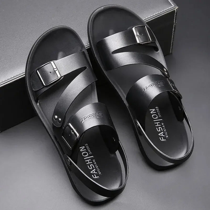 Simple Men's Sandals Solid Color PU Leather Men's Summer Shoes Casual Comfortable Open Toe Sandals Soft Beach Shoes Men's Sandal - Clikcy