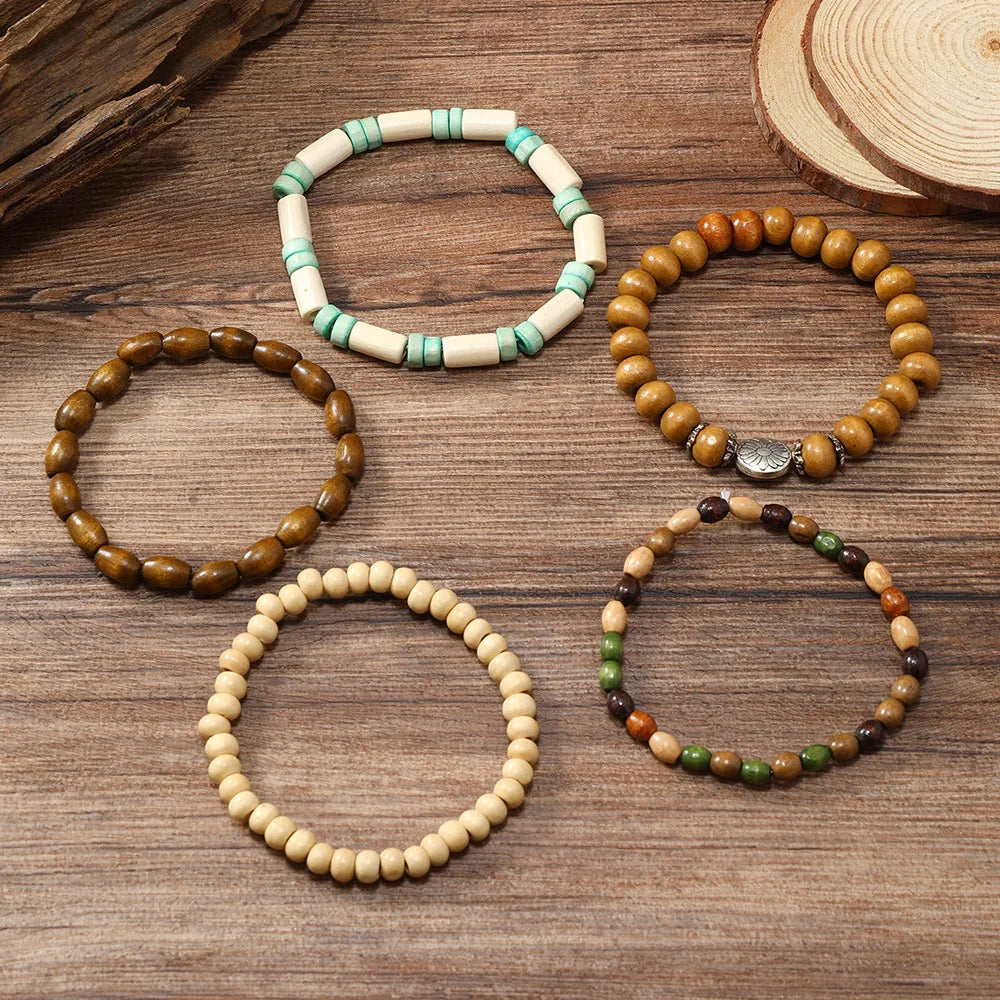 Ethnic 4-5pc/set wood bead tree Cactus Charms bracelets Hamsa Hand Butterfly Bohemia Men Bracelets For Women Female Jewelry - Clikcy
