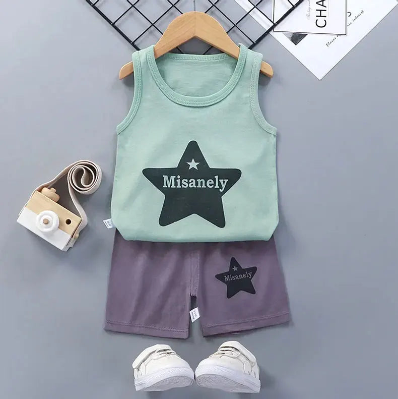 Children Sets Kids Clothes Boys Girls Vest Suit  Summer Children's Clothing baby Cotton T-Shirts Shorts Tank Top Sleeveless - Clikcy