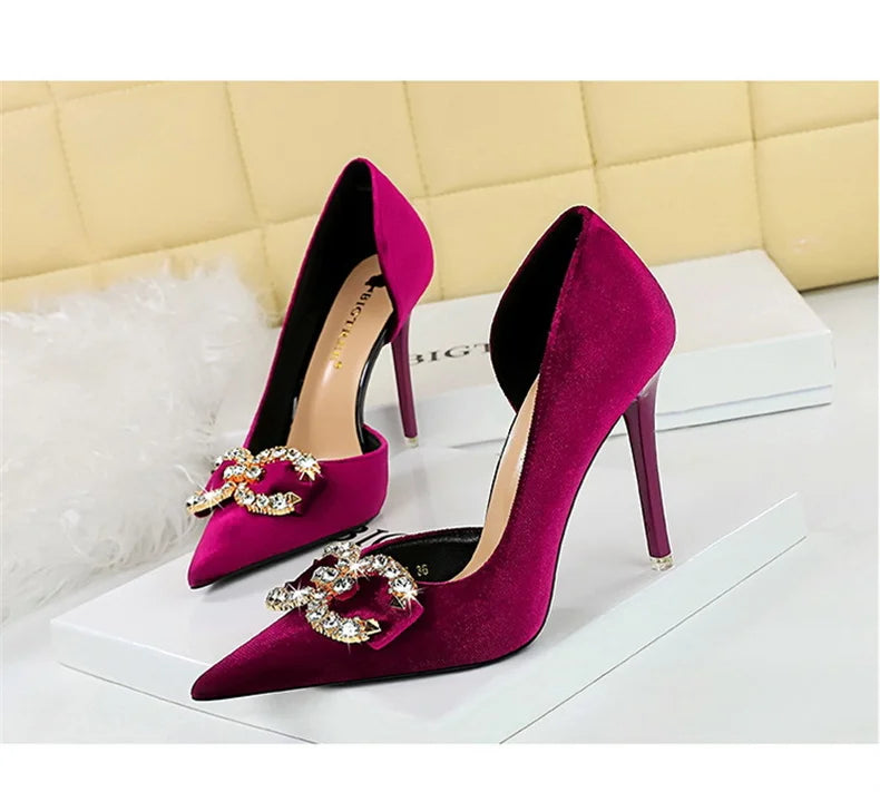 Fashion Women High Heel Rhinestone Buckle Bow Green Pink Pointed Toe Party Pumps Velvet Luxury Elegant Wedding Evening Shoes - Clikcy