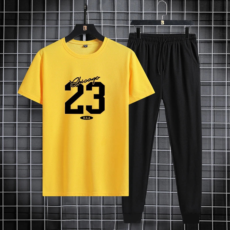 Summer new men's round neck quick drying casual sports fitness breathable short sleeved+shorts set two-piece set - Clikcy